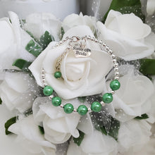 Load image into Gallery viewer, Handmade sister of the bride silver accented pearl charm bracelet, green or custom color - Sister of the Bride Pearl Bracelet - Bridal Bracelets