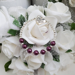 Handmade sister of the bride silver accented pearl charm bracelet, burgundy red or custom color - Sister of the Bride Pearl Bracelet - Bridal Bracelets