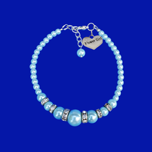 Load image into Gallery viewer, Flower Girl Gift - Best Flower Girl Gifts - handmade flower girl pearl and crystal charm bracelet, light blue or custom color