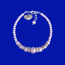 Load image into Gallery viewer, Flower Girl Gift - Best Flower Girl Gifts - handmade flower girl pearl and crystal charm bracelet, lavender purple or custom color