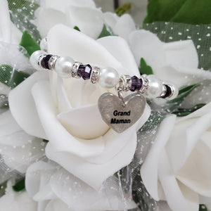 Handmade grand mother pearl and crystal bracelet, white and purple or custom color - Grand Mother Gift - Great Grandmother Presents