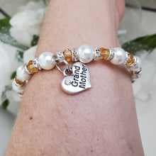 Load image into Gallery viewer, Handmade grand mother pearl and crystal bracelet, white and amber or custom color - Grand Mother Gift - Great Grandmother Presents