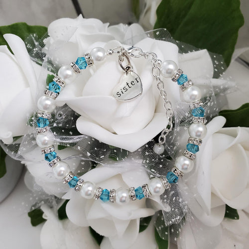 Handmade sister pearl and crystal charm bracelet - lake blue or custom color - Sister Pearl Bracelet - Sister Bracelet - Sister Gift