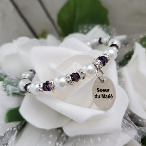Handmade sister of the groom pearl and crystal charm bracelet - purple or custom color - Sister of the Groom Bracelet - Wedding Bracelets