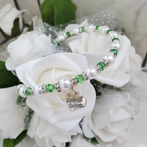 Handmade sister of the groom pearl and crystal charm bracelet - grass green or custom color - Sister of the Groom Bracelet - Wedding Bracelets