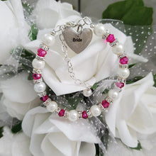Load image into Gallery viewer, Handmade pearl and crystal Bride charm bracelet, white and rose red (pink) or custom color - Bride Bracelet - Bride Present - Bride Jewelry