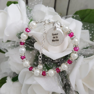 Handmade sister of the bride pearl and crystal charm bracelet - white and rose red (pink) or custom color - Sister of the Bride Bracelet-Sister Gift-Bridal Gifts