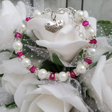 Load image into Gallery viewer, Handmade sister of the bride pearl and crystal charm bracelet - rose red or custom color - Sister of the Groom Bracelet - Wedding Bracelets