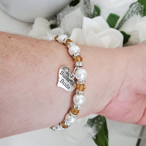 Handmade sister of the bride pearl and crystal charm bracelet - white and amber or custom color - Sister of the Bride Bracelet-Sister Gift-Bridal Gifts