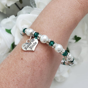 Handmade sister of the bride pearl and crystal charm bracelet - hole green or custom color - Sister of the Groom Bracelet - Wedding Bracelets