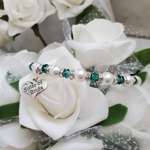 Handmade sister of the bride pearl and crystal charm bracelet - white and hole green or custom color - Sister of the Bride Bracelet-Sister Gift-Bridal Gifts