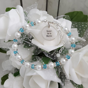Handmade sister of the bride pearl and crystal charm bracelet - white and lake blue or custom color - Sister of the Bride Bracelet-Sister Gift-Bridal Gifts