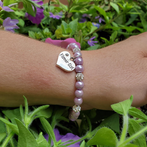 Handmade Flower Girl pearl and pave crystal charm bracelet - lavender purple or custom color - Flower Girl Gift - Flower Girl Pearl Bracelet