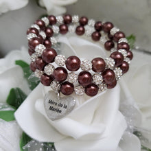 Load image into Gallery viewer, Handmade Mother of the Groom pearl and pave crystal rhinestone expandable, multi-layer, wrap charm bracelet - chocolate brown or custom color - Mother of the Groom Bracelet - Bridal Party Gifts
