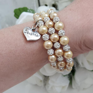 Handmade Daughter pearl pave crystal expandable, multi-layer, wrap charm bracelet, champagne and silver clear or silver clear and custom color - Graduation Gift Ideas For Daughter - Daughter Gift