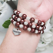 Load image into Gallery viewer, Handmade Daughter pearl pave crystal expandable, multi-layer, wrap charm bracelet, chocolate brown and silver clear or silver clear and custom color - Graduation Gift Ideas For Daughter - Daughter Gift