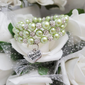 Handmade special mother pearl and pave crystal rhinestone multi-layer, expandable, wrap charm bracelet - light green or custom color - #1 Mom Bracelet - Special Mother Gift - Mom Bracelet