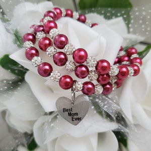 Handmade best mom ever pearl and pave crystal rhinestone multi-layer, expandable, wrap charm bracelet - dark pink or custom color - #1 Mom Bracelet - Special Mother Gift - Mom Bracelet