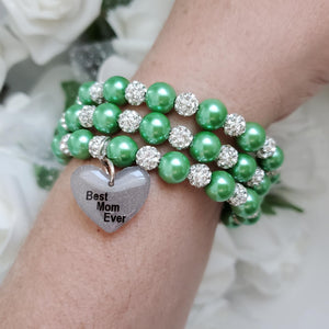 Handmade best mom ever pearl and pave crystal rhinestone multi-layer, expandable, wrap charm bracelet - green or custom color - #1 Mom Bracelet - Special Mother Gift - Mom Bracelet