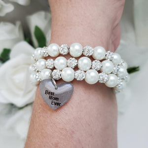 Handmade best mom ever pearl and pave crystal rhinestone multi-layer, expandable, wrap charm bracelet - ivory or custom color - #1 Mom Bracelet - Special Mother Gift - Mom Bracelet