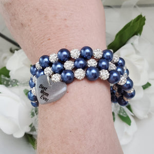 Handmade best mom ever pearl and pave crystal rhinestone multi-layer, expandable, wrap charm bracelet - dark blue or custom color - #1 Mom Bracelet - Special Mother Gift - Mom Bracelet