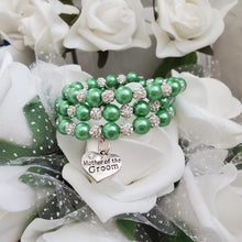 Load image into Gallery viewer, Handmade Mother of the Groom pearl and pave crystal rhinestone expandable, multi-layer, wrap charm bracelet - green or custom color - Mother of the Groom Bracelet - Bridal Party Gifts