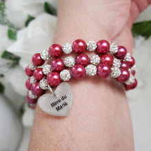 Load image into Gallery viewer, Handmade Mother of the Groom pearl and pave crystal rhinestone expandable, multi-layer, wrap charm bracelet - dark pink or custom color - Mother of the Groom Bracelet - Bridal Party Gifts