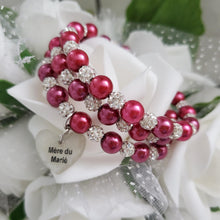 Load image into Gallery viewer, Handmade Mother of the Groom pearl and pave crystal rhinestone expandable, multi-layer, wrap charm bracelet - dark pink or custom color - Mother of the Groom Bracelet - Bridal Party Gifts