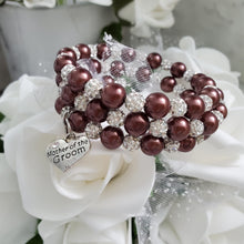 Load image into Gallery viewer, Handmade Mother of the Groom pearl and pave crystal rhinestone expandable, multi-layer, wrap charm bracelet - chocolate brown or custom color - Mother of the Groom Bracelet - Bridal Party Gifts