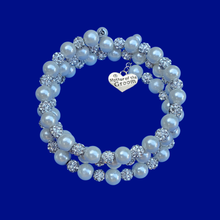 Load image into Gallery viewer, Handmade Mother of the Groom pearl and pave crystal rhinestone expandable, multi-layer, wrap charm bracelet - white or custom color - Mother of the Groom Bracelet - Bridal Party Gifts