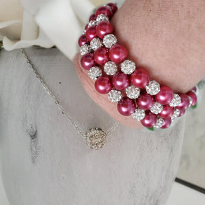 Handmade floating pave crystal rhinestone necklace accompanied by a pearl and crystal expandable, multi-layer, wrap bracelet - dark pink or custom color - Necklace Jewelry Set - Necklace Set - Pearl Set