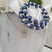 Load image into Gallery viewer, Handmade floating pave crystal rhinestone necklace accompanied by a pearl and crystal expandable, multi-layer, wrap bracelet - dark blue or custom color - Necklace Jewelry Set - Necklace Set - Pearl Set