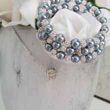 Load image into Gallery viewer, Handmade floating pave crystal rhinestone necklace accompanied by a pearl and crystal expandable, multi-layer, wrap bracelet - dark grey or custom color - Necklace Jewelry Set - Necklace Set - Pearl Set