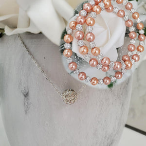 Handmade floating pave crystal rhinestone necklace accompanied by a pearl and crystal expandable, multi-layer, wrap bracelet - powder orange or custom color - Necklace Jewelry Set - Necklace Set - Pearl Set