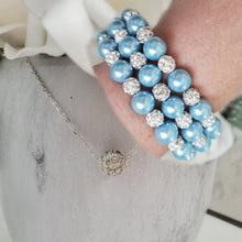 Load image into Gallery viewer, Handmade floating pave crystal rhinestone necklace accompanied by a pearl and crystal expandable, multi-layer, wrap bracelet - light blue or custom color - Necklace Jewelry Set - Necklace Set - Pearl Set