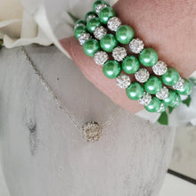 Load image into Gallery viewer, Handmade floating pave crystal rhinestone necklace accompanied by a pearl and crystal expandable, multi-layer, wrap bracelet - green or custom color - Necklace Jewelry Set - Necklace Set - Pearl Set