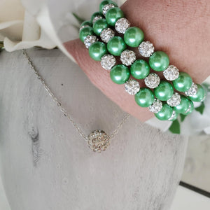 Handmade floating pave crystal rhinestone necklace accompanied by a pearl and crystal expandable, multi-layer, wrap bracelet - green or custom color - Necklace Jewelry Set - Necklace Set - Pearl Set