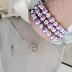 Handmade floating pave crystal rhinestone necklace accompanied by a pearl and crystal expandable, multi-layer, wrap bracelet - lavender purple or custom color - Necklace Jewelry Set - Necklace Set - Pearl Set