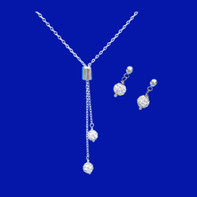 Load image into Gallery viewer, handmade crystal drop necklace accompanied by a pair of stud earrings, silver clear or custom color