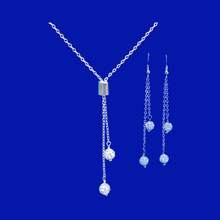 Load image into Gallery viewer, handmade crystal drop necklace accompanied by a pair of multi-strand drop earrings, silver clear or custom color