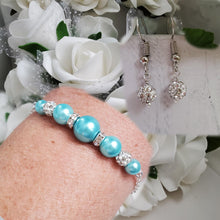 Load image into Gallery viewer, Handmade pearl and crystal dainty bar bracelet accompanied by a pair of dangle crystal earrings - aquamarine blue or custom color - Bracelets Sets - Gift For Bridesmaids - Bridal Sets