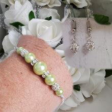 Load image into Gallery viewer, Handmade pearl and crystal dainty bar bracelet accompanied by a pair of dangle crystal earrings - light green or custom color - Bracelets Sets - Gift For Bridesmaids - Bridal Sets