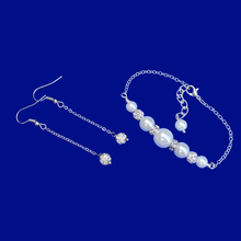 Load image into Gallery viewer, Earring Sets - Bracelet Sets - Wedding Sets, handmade pearl and crystal dainty bar bracelet accompanied by a pair of crystal drop earrings, white or custom color