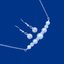 Load image into Gallery viewer,  Necklace And Earring Set - Pearl Set - Wedding Sets - handmade pearl and crystal bar necklace accompanied by a pair of crystal earrings, white or custom color