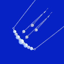 Load image into Gallery viewer, Handmade pearl and crystal bar necklace accompanied by a pair of multi-strand pave crystal rhinestone drop earrings - white or custom color - Necklace Earring Jewelry Set - Pearl Necklace Set