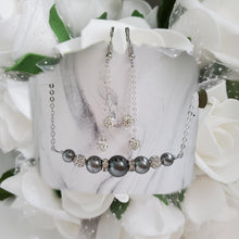 Load image into Gallery viewer, Handmade pearl and crystal bar necklace accompanied by a pair of multi-strand pave crystal rhinestone drop earrings - dark grey or custom color - Necklace Earring Jewelry Set - Pearl Necklace Set