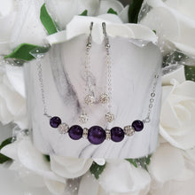 Load image into Gallery viewer, Handmade pearl and crystal bar necklace accompanied by a pair of multi-strand pave crystal rhinestone drop earrings - dark purple or custom color - Necklace Earring Jewelry Set - Pearl Necklace Set