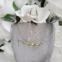 Load image into Gallery viewer, Handmade pearl and crystal bar necklace accompanied by a pair of multi-strand pave crystal rhinestone drop earrings - light green or custom color - Necklace Earring Jewelry Set - Pearl Necklace Set