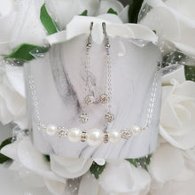 Load image into Gallery viewer, Handmade pearl and crystal bar necklace accompanied by a pair of multi-strand pave crystal rhinestone drop earrings - white or custom color - Necklace Earring Jewelry Set - Pearl Necklace Set