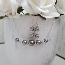 Load image into Gallery viewer, Handmade pearl and crystal bar necklace accompanied by a pair of dangling drop earrings - Dark grey or custom color - Pearl Set - Necklace Set - Bridal Jewelry